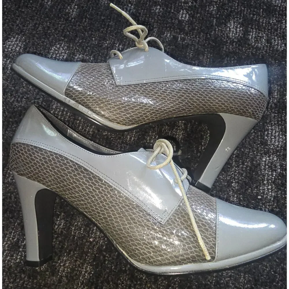Vintage 1980s / 1990s Valley Lane Grey & Faux Snakeskin Lace-Up Pumps 7M